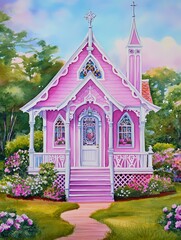 Whimsical Watercolor Cottage Surrounded by Nature