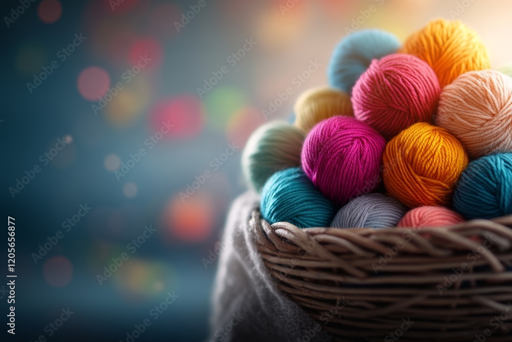 Poster a 3d-rendered scene of colorful yarn balls stacked neatly in a wicker basket, with realistic shadows
