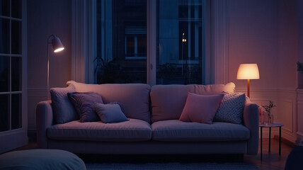 Fototapeta premium cozy living room with soft sofa, decorative pillows, and warm lighting creates serene atmosphere. evening glow enhances inviting ambiance of space