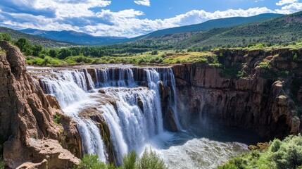 Obraz premium A massive waterfall with multiple tiers, each step creating its own pool, set in a mountainous landscape.