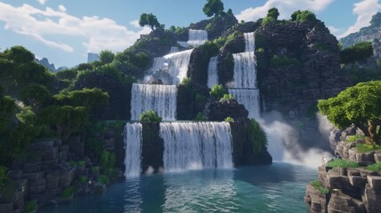 Fototapeta premium A massive waterfall with multiple tiers, each step creating its own pool, set in a mountainous landscape.