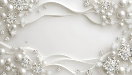 Fototapeta premium 3D wallpaper with a white background and a frame of pearls and diamonds.