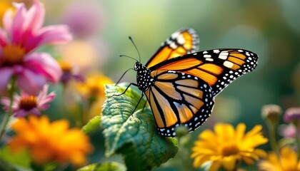 Obraz premium Monarch Butterfly Resting on Leaf in Vibrant Flower Garden