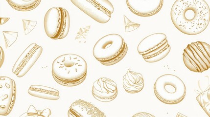 Golden pastries pattern, bakery background, dessert design, website texture