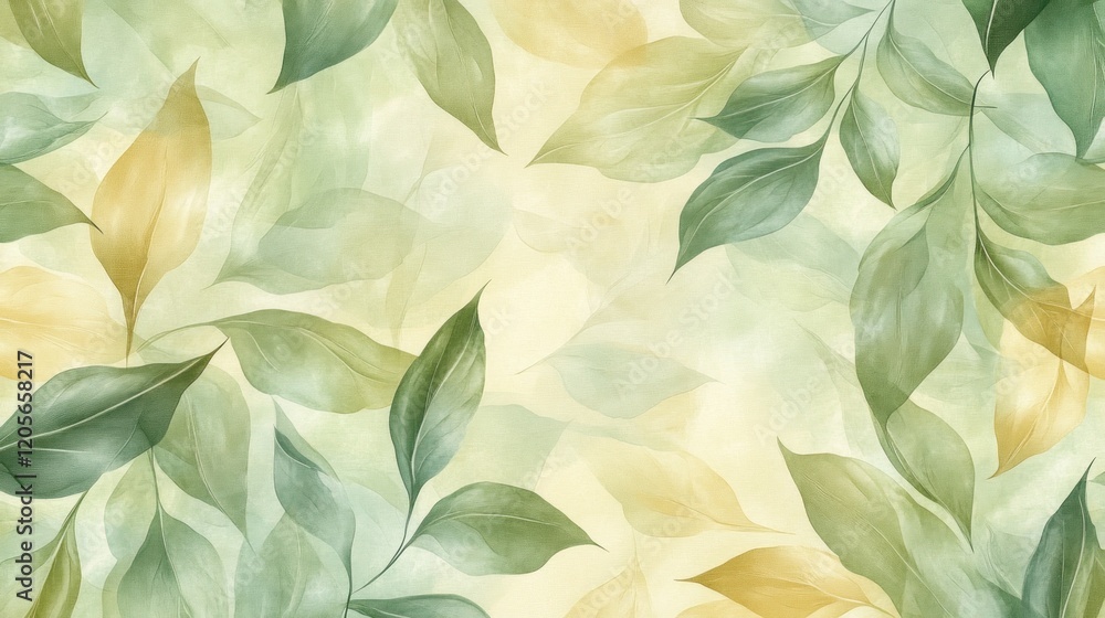Poster seamless pattern featuring gently swaying leaves in soft green and yellow hues creating a serene atm