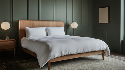 modern bedroom featuring wooden bed frame, white bedding, and green walls, creating serene and inviting atmosphere. stylish decor enhances overall aesthetic