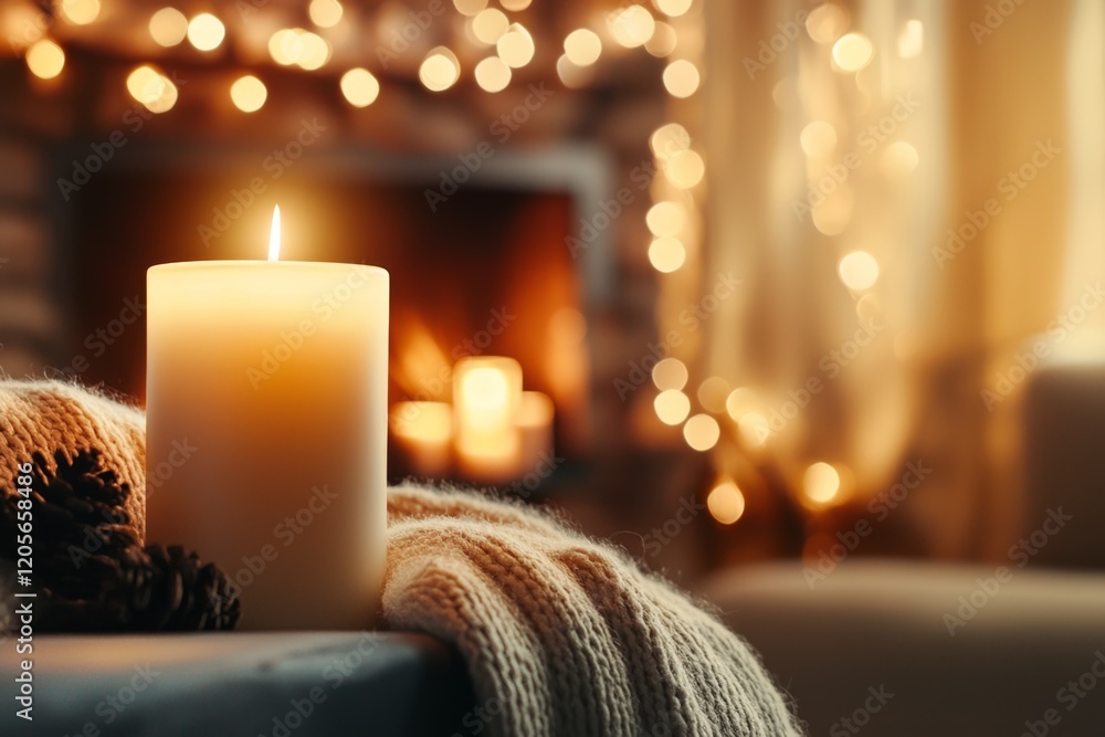 Poster a close-up of a xanthous candle flame flickering in a dimly lit room, casting warm light on nearby o