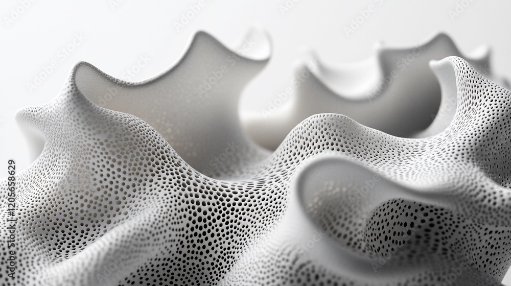 Poster Abstract white 3D textured surface with flowing curves and perforated pattern.