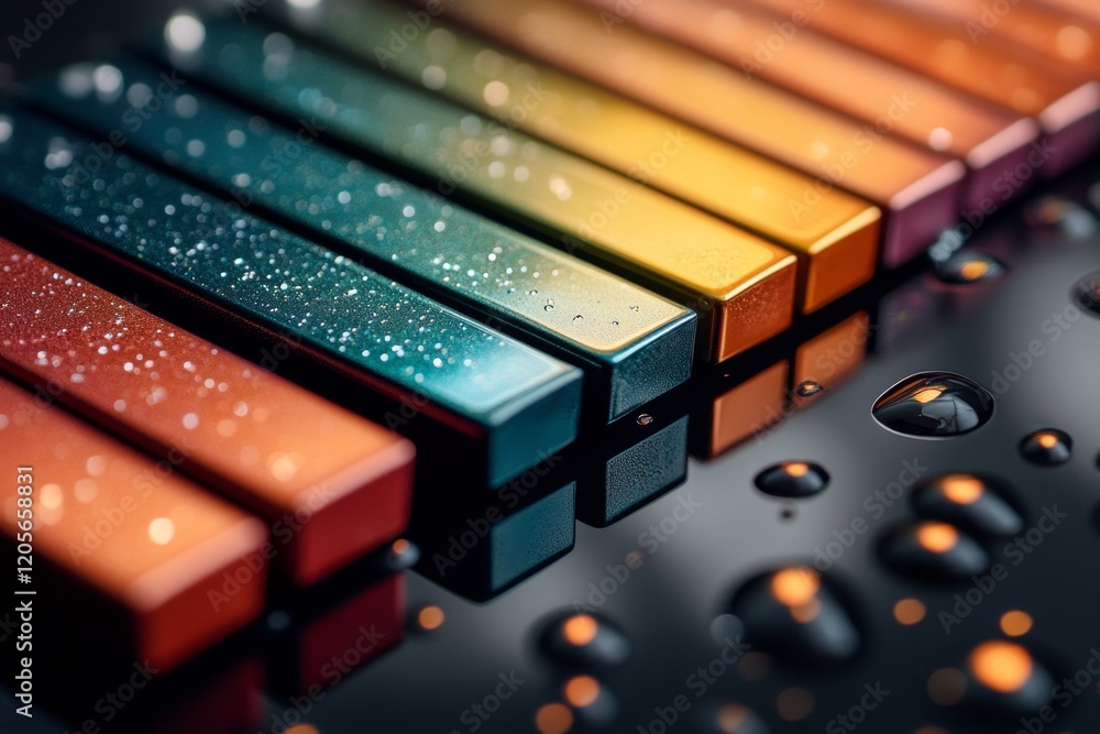Poster A close-up of rainbow-colored xylophone bars with the reflection of a child smiling face in the glossy surface