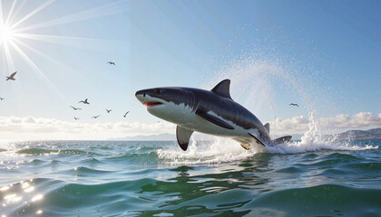 Fototapeta premium Great White shark breaching waves in the open sea, natural beauty