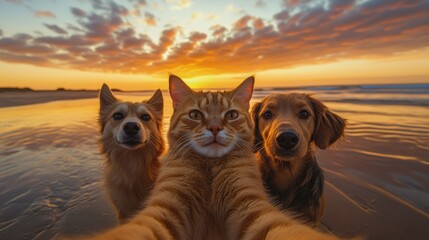 A cat wearing a purple collar is taking a selfie at sunset with two dogs in the background.
