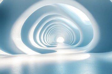 Obraz premium 3D render of abstract futuristic background with white and blue lines forming an open tunnel, minimal style, isolated on a pastel background.