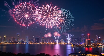 Fireworks lighting up the sky over glowing city lights