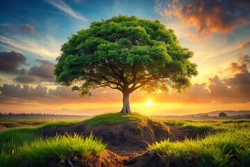 Obraz premium Serene Sunset Landscape Featuring a Majestic Lone Tree on a Verdant Hill