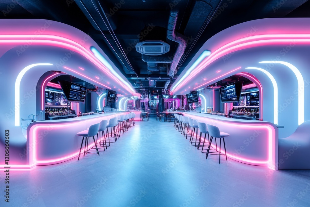 Poster a cyberpunk-themed wurst stand glowing with neon lights, serving high-tech sausages with holographic