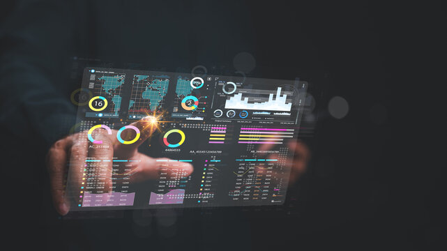 Futuristic interface dynamic data analytics It features interactive graphs and charts, enabling users to visualize complex information at their fingertips for informed decision-making