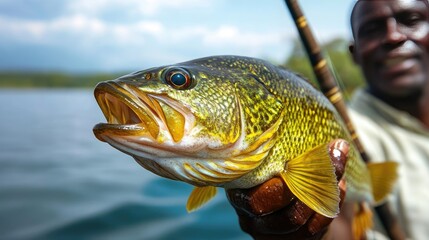 Obraz premium Fisherman Holds a Freshly Caught Bass on a Lakeside Boat Dock