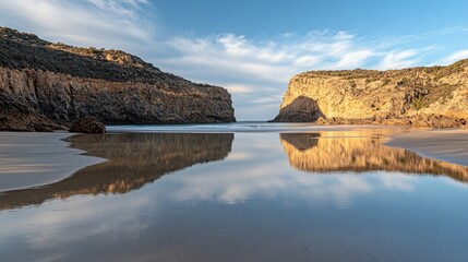 The soft light of sunrise reflecting on a quiet bay with a sandy beach.