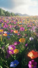 Obraz premium A vibrant field filled with colorful flowers swaying in the gentle breeze under a blue sky.