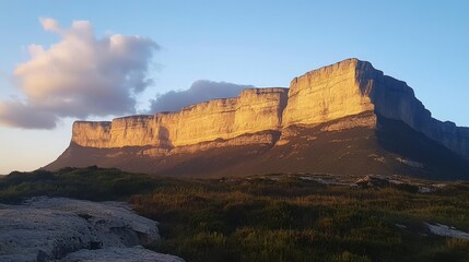 The sun rising behind a rocky mountain range, creating long, dramatic shadows.