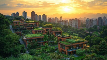 Sustainable Cityscape at Sunset: Green Roofs and Lush Landscape Blend Harmoniously