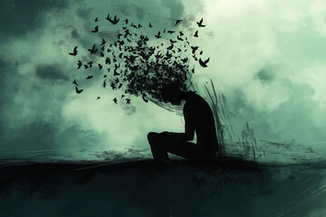 abstract illustration of sad person in the park birds flying out of head mind mental health awareness concept counseling psyche psychology psychiatry thought idea loneliness anxiety depression sadness