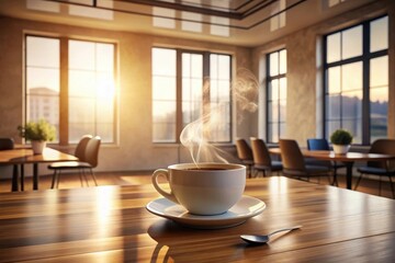 A steaming cup of coffee on a wooden table in a sunlit room with large windows and blurred background of chairs and tables