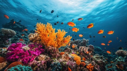 Naklejka premium A vibrant coral reef teeming with life, featuring colorful corals, tropical fish, and a crystal-clear ocean background.