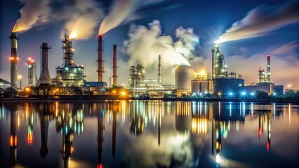 Nighttime industrial complex reflected in calm water, showcasing illuminated structures and plumes of smoke against a twilight sky