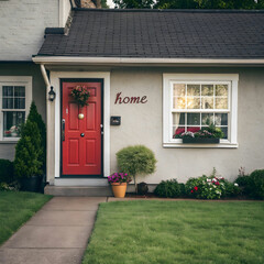 a house with a red door and a window with the word