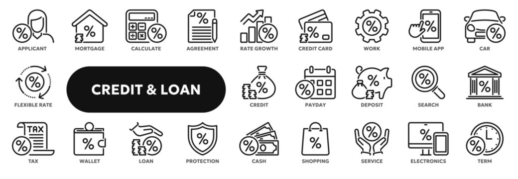 Set of vector line icons related to loan, bank credit rate, finance and investment. Symbols for website or app ui, logo design, illustration