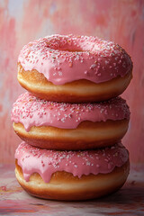 Three Pink Donuts Stacked High With Sprinkles