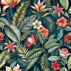 Seamless pattern of a vibrant tropical foliage and flowers create a lush garden atmosphere with rich colors and diverse plant life. Generative AI
