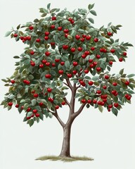 Ripe cherry tree in red green and gray tones