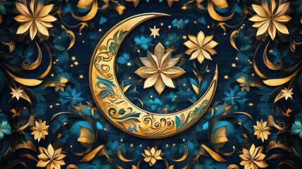 Obraz premium Arabic Floral Motifs with Glowing Crescent and Star