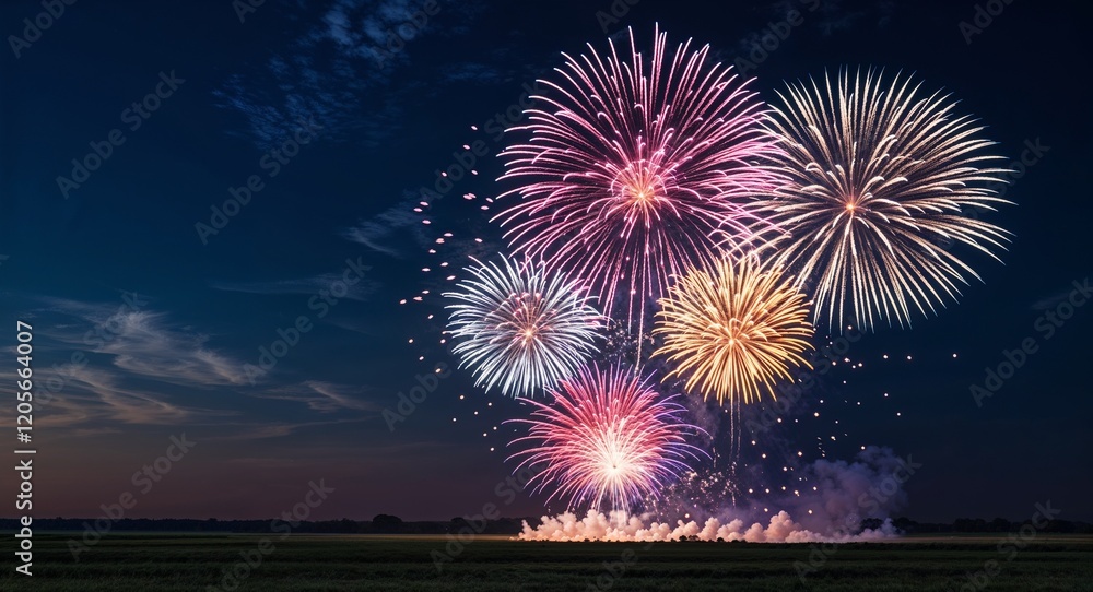 Poster large colorful fireworks in dark sky with open field background