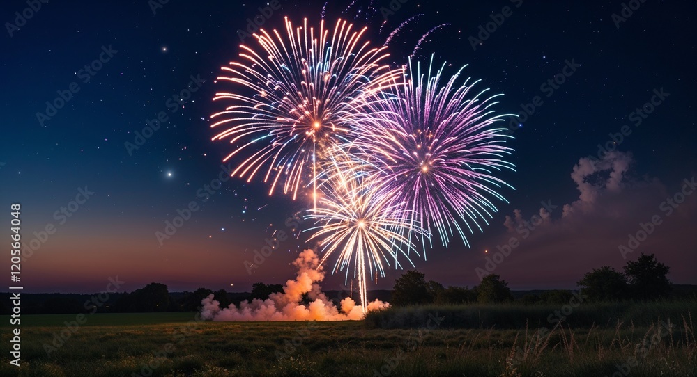 Aufkleber large colorful fireworks in dark sky with open field background