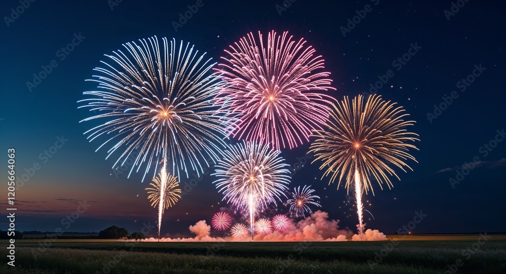 Poster large colorful fireworks in dark sky with open field background