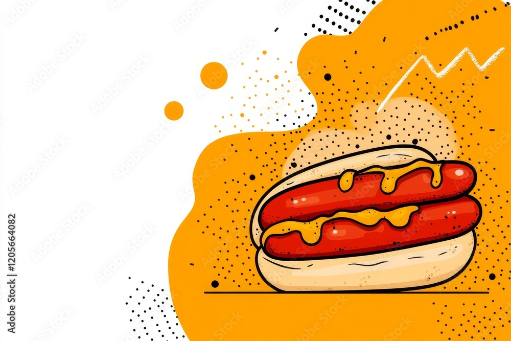 Poster a flat, icon-style depiction of a wurst sausage in a bun, topped with mustard, drawn in simple geome