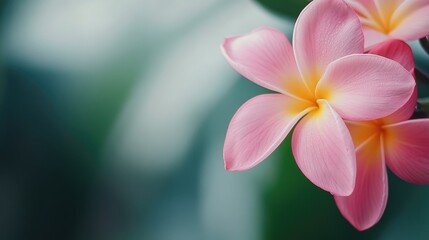Fototapeta premium A close-up image of a pink plumeria flower featuring five delicate petals that radiate outward from a central yellow-orange hub.
