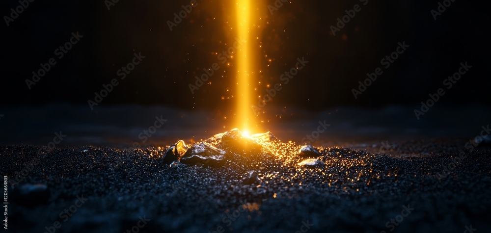 Poster a glowing beam of light emerges from a dark surface, illuminating particles and creating a mystical 