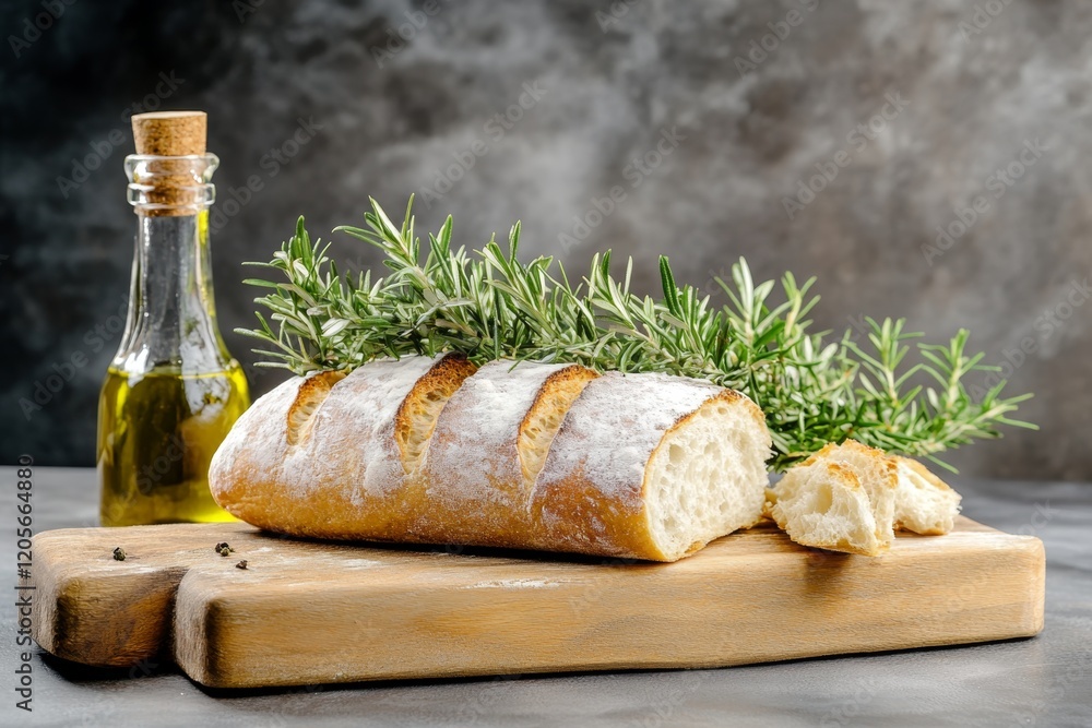 Wall mural A rustic loaf of artisan bread served with olive oil and balsamic vinegar for dipping, on a wooden board