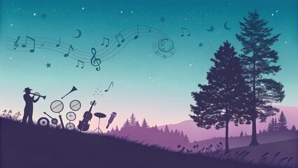 Obraz premium Silhouetted Musician Playing Trumpet Overlooking Colorful Landscape