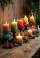 A collection of colored candles in apothecary jars on a wooden table with garlands of dried flowers and greenery , garlands, colored candles, rustic charm