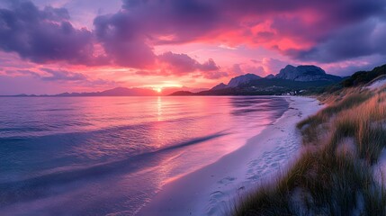 Mediterranean seascape captures dramatic coastal sunset with vibrant pink-purple sky, golden hour illumination reflecting on calm waters, creating serene beach atmosphere with soft clouds.