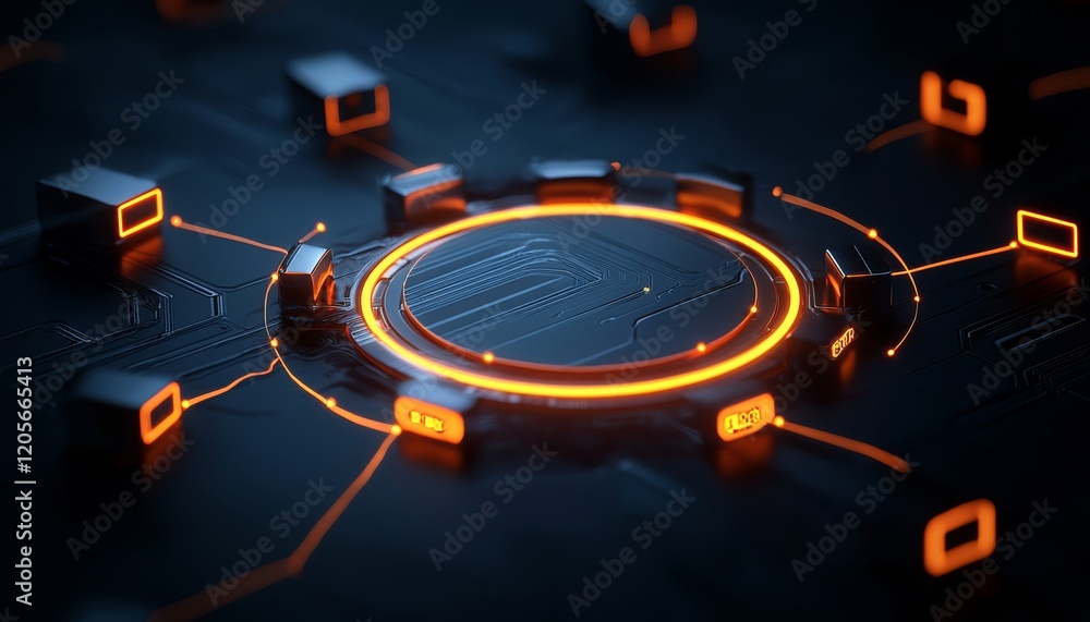 Poster a futuristic digital circuit design featuring a glowing circular element and interconnected nodes, e