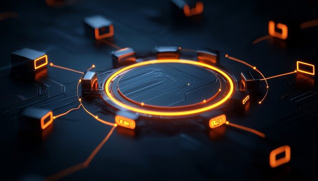 A futuristic digital circuit design featuring a glowing circular element and interconnected nodes, emphasizing technology and innovation.