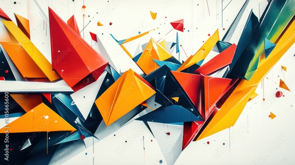 Poster abstract composition of sharp-edged geometric shapes in bold contrasting colors on a white backgroun