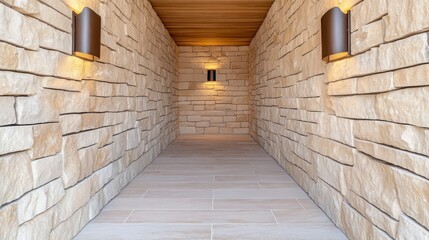 Fototapeta premium Interior hallway with natural stone walls and subtle lighting effects