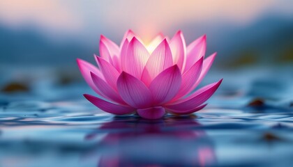 Serene Pink Lotus Blossom on Calm Water at Sunset: A Symbol of Purity and Tranquility